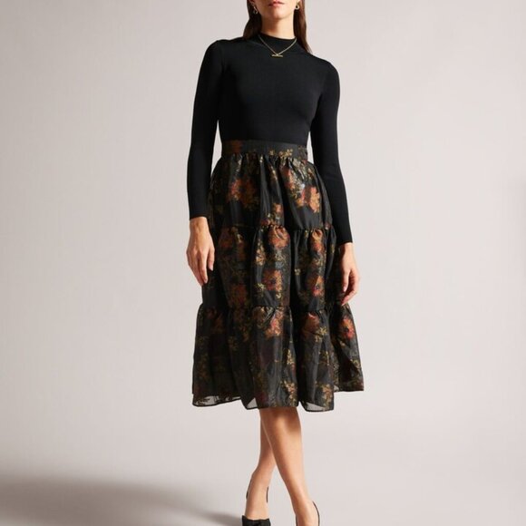 TED BAKER LONDON Audria Mixed Media Long Sleeve Tiered Dress - Picture 1 of 7